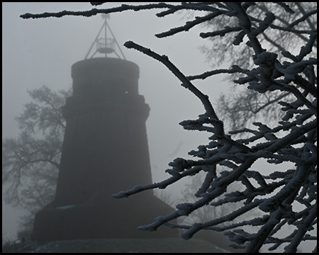 Zweige eines Busches im Vordergrund. Dahinter im Nebel unscharf Silhouette eines Steinturms.