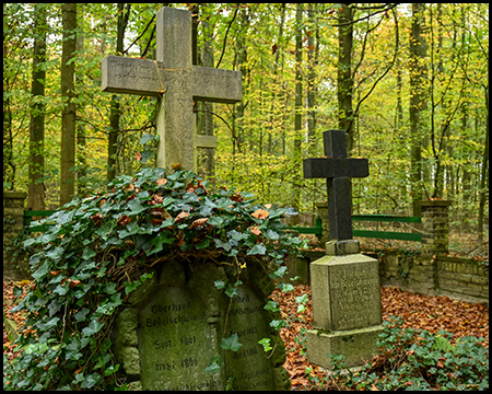 Steinerne Grabkreuze auf einem Friedhof im Wald