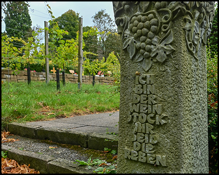 Eine Stele aus Stein mit dem Spruch: Ich bin der Weinstock, ihr seid die Reben. Dahinter ein Weinberg mit Gräbern