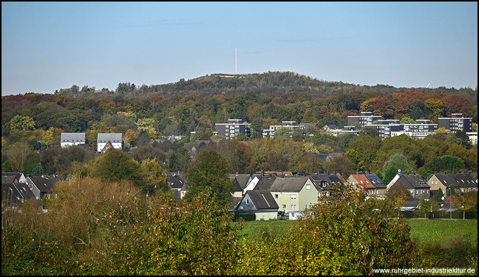 Blick aus der Entfernung auf eine markante Erhebung am Horizont einer sonst flachen Ebene mit Siedlung und Bäumen. Die Szene ist herbstlich gefärbt