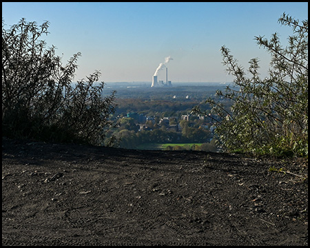 Blick zwischen Büschen auf eine Ebene unterhalb eines Berges mit Siedlungen, Wäldern und einem Kraftwerk mit dampfendem Kühlturm