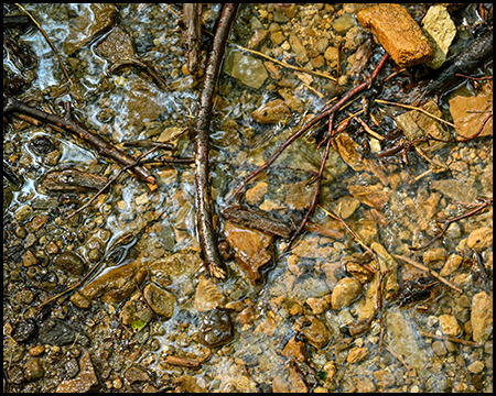 Etwas fließendes Wasser auf einem feinen Kiesbett eines Bachs