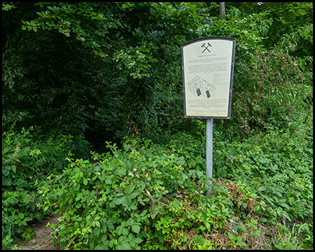 Informationstafel über eine ehemalige Zeche vor einem Weg in einen Wald