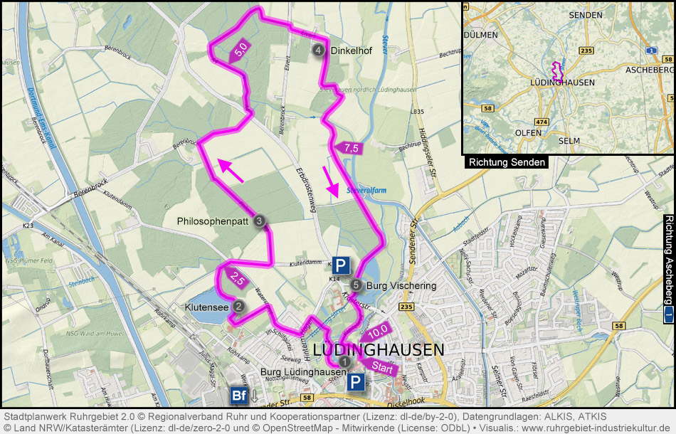Übersichtskarte Burgenpatt und Lage der Burgen Vischering und Lüdinghausen