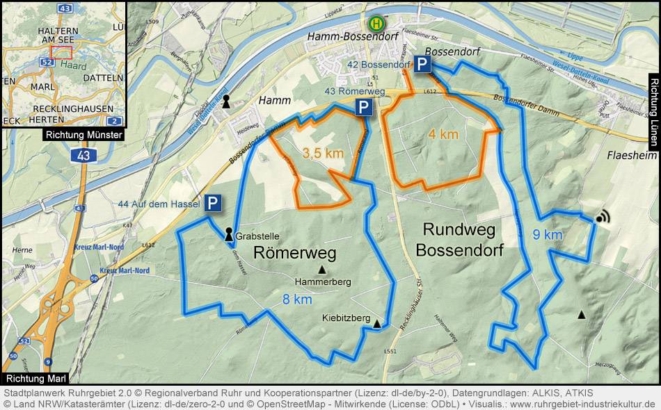 Übersichtskarte Haard Wanderwege Bossendorf und Römerweg
