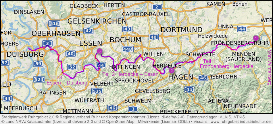 Übersichtskarte RuhrtalRadweg im Ruhrgebiet