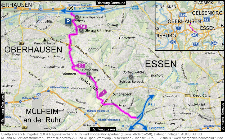 Übersichtskarte Talroute und Hexbachtal in Oberhausen und Essen