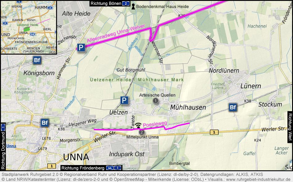 Übersichtskarte Uelzener Heide und Alleenradweg in Unna