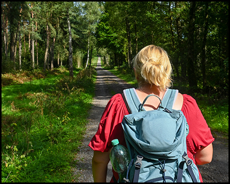 Eine Frau von hinten gesehen auf einem Waldweg