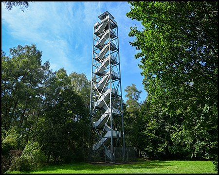 Auf einer Waldlichtung steht ein stählerner, rechteckiger turm mit Treppen.