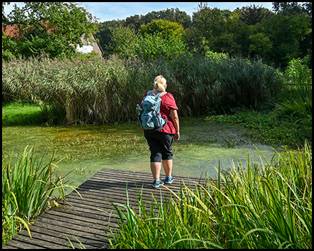 Eine Frau steht auf einem Steg vor einem Teich