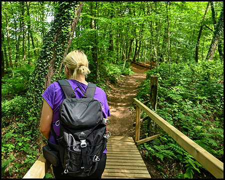 Eine Frau auf einer Brücke über einen Bach im Wald