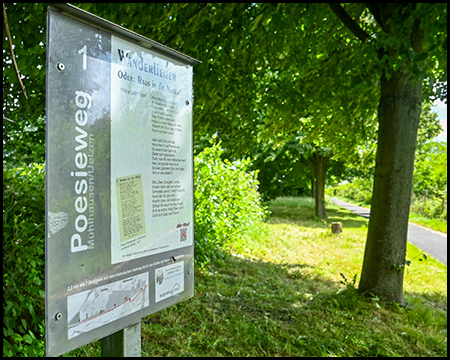 Ein Schild mit Informationstext zum Thema Poesieweg am Rande eines Weges unter Bäumen