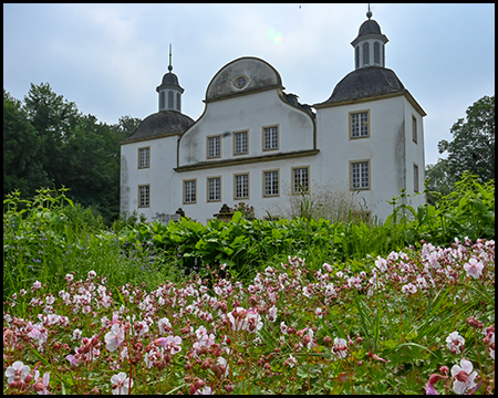 Teile einer Fassade eines Schlosses mit zwei Türmchen und markanten Giebel. Im Vordergrund aber blühende Pflanzen