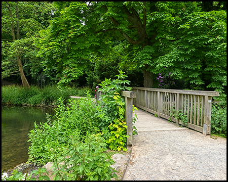 Fußgängerbrücke aus Holz über einen Teich