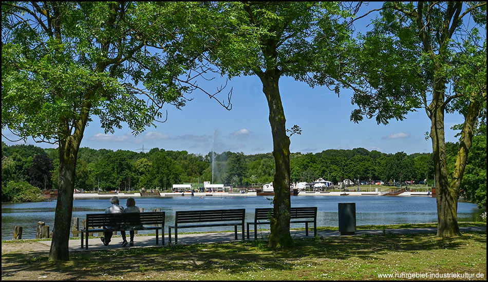 Sitzbänke unter Bäumen mit Blick zum See und zum neuen Ufer des Ümminger Sees