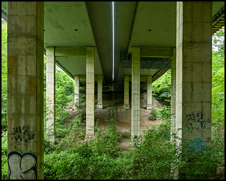 Unter einer Autobahnbrücke mit schlanken Pfeilern