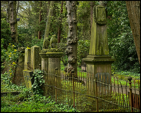 Grabsteine auf einem Friedhof mit Eisenzaun